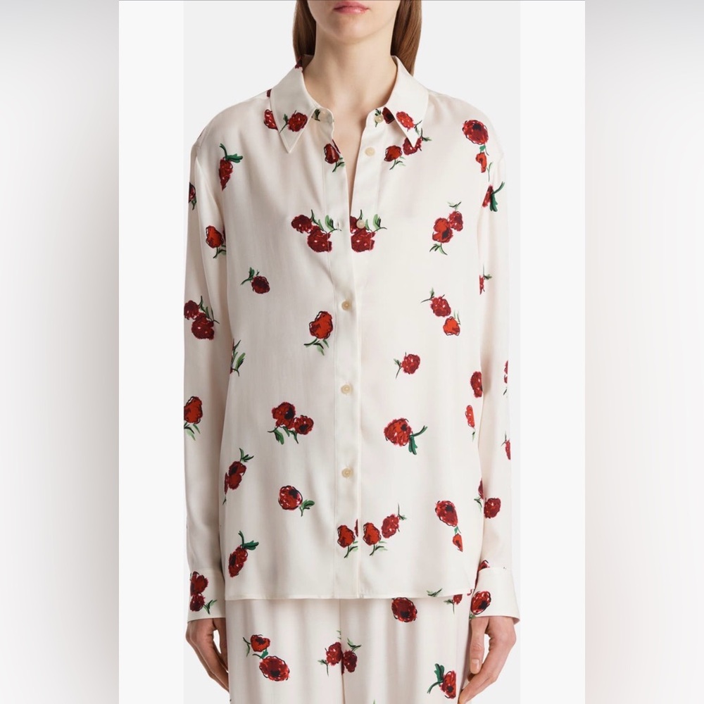 Khaite Argo Twill Silk Raspberry Shirt, S, Cream Red